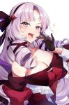  1girl bangs bare_shoulders black_bow black_hairband black_ribbon blush bow breasts chest_tattoo cleavage dress drill_hair eyebrows_visible_through_hair hair_bow hair_ribbon hairband highres hsin hyakumantenbara_salome large_breasts laughing light_purple_eyes light_purple_hair long_hair long_sleeves looking_at_viewer nijisanji no_bra off-shoulder_dress off_shoulder ojou-sama_pose open_mouth parted_bangs puffy_long_sleeves puffy_sleeves purple_dress revision ribbon smile solo sparkle tattoo upper_body very_long_hair virtual_youtuber 