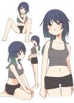  1girl arm_on_shoulder bare_shoulders barefoot black_hair black_shorts blush breasts brown_eyes cleavage collarbone gradient_hair green_hair grey_shirt highres jitome kamo_(kamonabe_44) knees_up long_hair midriff multicolored_hair multiple_views navel original parted_lips seiza shirt shorts simple_background sitting smile standing sweatdrop tank_top white_background 