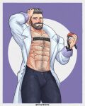  1boy abs absurdres bara bare_pectorals beard black_pants bulge chest_hair chest_harness closed_mouth facial_hair hand_on_own_head harness highres holding holding_poke_ball labcoat large_pectorals looking_at_viewer male_focus muscular muscular_male navel navel_hair nipples open_clothes open_labcoat pants pectorals poke_ball pokemon pokemon_(game) pokemon_sv short_hair simple_background simshenkos smile solo turo_(pokemon) twitter_username undercut 