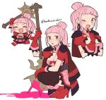  1girl ^_^ axe black_legwear blood boots breasts chibi cleavage closed_eyes do_m_kaeru earrings fire_emblem fire_emblem:_three_houses fire_emblem_warriors:_three_hopes gloves hair_bun hilda_valentine_goneril jewelry one_eye_closed pink_eyes pink_hair signature simple_background smile thighhighs white_background 