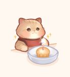  :3 animal animal_focus artist_name blush bowl brown_eyes candle cat closed_mouth commentary_request fire food highres kapebeansies muffin no_humans original photo-referenced shadow simple_background sleeveless sparkle upper_body 