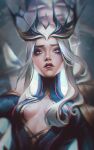  1girl bangs black_bodysuit blue_eyes blurry blurry_background bodysuit breasts character_request collaboration grey_background grey_hair hair_ornament league_of_legends long_hair medium_breasts parted_bangs parted_lips red_lips stootato_(crownsforkings) syndra teeth third_cookie upper_body 