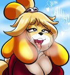  &lt;3 2021 ahegao animal_crossing anthro big_breasts black_nose bodily_fluids breasts canid canine canis clothing domestic_dog female isabelle_(animal_crossing) looking_pleasured mammal nathanatwar nintendo open_mouth saliva shih_tzu solo text tongue tongue_out toy_dog video_games 