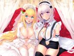  2girls bangs bare_shoulders black_legwear black_skirt blonde_hair blue_eyes blue_panties blush breast_curtains breasts bridal_veil cleavage detached_collar dress elbow_gloves frilled_hairband frills gloves hairband highres large_breasts long_hair looking_at_viewer multiple_girls open_mouth original panties pencil_skirt purple_eyes seiza short_hair sitting skirt smile thighhighs thighs tiara underwear untue veil white_dress white_gloves white_hair white_legwear white_panties 