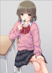  1girl :d blush bow bowtie brown_hair candy crossed_legs food holding holding_candy holding_food idolmaster idolmaster_cinderella_girls kaishinshi lollipop looking_at_viewer loose_bowtie on_chair pink_sweater plaid plaid_skirt pleated_skirt red_bow red_bowtie sitting skirt smile solo sweater yorita_yoshino 