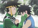  2boys black_hair cross_scar crying crying_with_eyes_open dai_(dragon_quest) dragon_quest dragon_quest_dai_no_daibouken gloves green_gloves headband highres male_focus multiple_boys nori_(norimakigumo) open_mouth pop_(dragon_quest_dai_no_daibouken) scar spiked_hair tears 