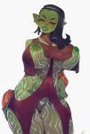  black_hair bodypaint breasts clothed clothing ear_piercing female genitals goblin green_body green_skin hair humanoid long_ears nipples partially_clothed piercing pkay_(artist) pussy red_eyes sharp_teeth solo teeth the_wandering_inn ulvama white_paint 