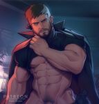  1boy abs artist_name bare_pectorals black_coat black_hair black_shirt bottomless chris_redfield clothes_lift coat coat_on_shoulders facial_hair highres holo_eden lifted_by_self looking_at_viewer male_focus male_pubic_hair navel paid_reward_available patreon_username pectorals pubic_hair resident_evil resident_evil_village shirt shirt_lift short_hair solo upper_body 