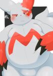  2022 ai_only_dream anthro belly belly_squish black_claws blush claws finger_claws front_view fur grey_body grey_ears grey_fur hand_on_stomach hi_res looking_down multicolored_body multicolored_fur nintendo pok&eacute;mon pok&eacute;mon_(species) red_body red_ears red_fur solo squish two_tone_body two_tone_fur video_games zangoose 