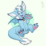  anthro big_ears blue_body blue_fur cugi_the_dragon dragon fur handpads handpaw hi_res horn male navel pawpads paws slightly_chubby solo sparky_dino waving_at_viewer waving_hand white_body white_fur wings 