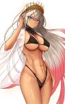  1girl abs bangs bare_shoulders bikini black_bikini black_gloves blue_eyes breasts cleavage crown dark-skinned_female dark_skin detached_collar elbow_gloves fate/grand_order fate_(series) gloves grey_hair highleg highleg_bikini highres large_breasts long_hair looking_at_viewer navel smile solo swimsuit thighs zenobia_(fate) zerieru 