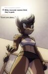  abs anthro asinus athletic breasts brown_body brown_fur clothing donkey equid equine eyebrows female fur hi_res katnay looking_at_viewer looking_down low-angle_view mammal meme muscular navel pinup pose shoulder_tuft solo standing text tuft 