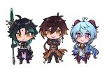  1girl 2boys asymmetrical_gloves bell black_gloves black_hair blue_hair brown_hair chibi closed_mouth coat crossed_arms detached_sleeves facial_mark forehead_mark ganyu_(genshin_impact) genshin_impact gloves gradient_hair green_hair holding holding_polearm holding_weapon horns jewelry long_hair multicolored_hair multiple_boys neck_bell polearm ponytail purple_eyes simple_background smile spear standing very_long_hair weapon white_background xiao_(genshin_impact) yoshio_(kimama) zhongli_(genshin_impact) 