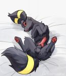  animal_genitalia animal_penis anus balls canine_penis carbonpawprint eeveelution erection feral genitals hi_res high-angle_view hindpaw knot legs_up looking_at_viewer lying male nintendo on_back open_mouth pawpads paws penis pok&eacute;mon pok&eacute;mon_(species) solo spread_legs spreading umbreon video_games 