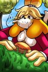  2021 animal_crossing anthro big_breasts black_nose breasts canid canine canis clothed clothing domestic_dog female fingers grass isabelle_(animal_crossing) mammal nathanatwar nintendo outside plant shih_tzu solo toy_dog tree video_games 