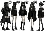  5girls :d ankle_boots armband black_coat black_legwear black_necktie black_sweater boots bow closed_mouth coat greyscale hair_bow hair_over_eyes high-waist_skirt high_heel_boots high_heels highres loafers long_hair long_sleeves looking_at_viewer mask miniskirt monochrome mouth_hold mouth_mask multiple_girls narue neck_ribbon necktie original pantyhose pleated_skirt ribbon shirt shoes simple_background skirt smile socks socks_over_pantyhose standing sweater thighhighs torn_clothes torn_legwear twintails white_background white_necktie white_shirt zettai_ryouiki 