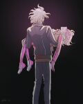  1boy 1girl bangs black_jacket black_legwear black_pants blood blood_in_hair blood_on_clothes blood_on_face breasts brown_jacket danganronpa_(series) danganronpa_3_(anime) feet_out_of_frame from_behind gradient gradient_background grey_hair highres jacket komaeda_nagito medium_breasts messy_hair midori_(310ri_21) nanami_chiaki neck_ribbon open_clothes open_jacket pants pink_background pink_blood red_ribbon ribbon shiny shiny_hair shirt thighhighs vest 