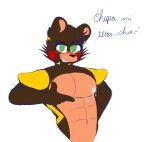  abs anthro beaver big_pecs blush blush_lines bodily_fluids breasts brown_body brown_fur brown_hair countershade_face countershade_torso countershading drool_on_body drool_on_chest el_chip_(fnaf) five_nights_at_freddy&#039;s freddy_fazbear&#039;s_pizzeria_simulator fur green_eyes hair hi_res jflare205 male mammal markings muscular muscular_anthro muscular_male nipple_fetish nipple_play nipples pecs presenting presenting_breasts rodent saliva saliva_string scottgames smile solo spanish_text standing text video_games yellow_markings 