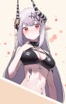  1girl absurdres arknights beudelb bikini black_bikini black_collar blonde_hair blurry blush bokeh breasts collar demon_horns depth_of_field flower frown grey_hair hair_flower hair_ornament hand_on_own_chest highres horns infection_monitor_(arknights) large_breasts long_hair looking_at_viewer mudrock_(arknights) mudrock_(silent_night)_(arknights) official_alternate_costume oripathy_lesion_(arknights) pointy_ears red_eyes red_flower sidelocks solo swimsuit upper_body very_long_hair yellow_background 