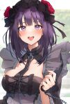  1girl :d absurdres auui bangs blush breasts chain commentary_request cosplay flower gothic_lolita hair_flower hair_ornament happy highres kitagawa_marin kuroe_shizuku kuroe_shizuku_(cosplay) large_breasts lolita_fashion looking_at_viewer medium_hair necktie open_mouth purple_eyes purple_hair red_flower red_rose rose smile solo sono_bisque_doll_wa_koi_wo_suru upper_body 