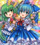  2girls :d bangs blue_bow blue_dress blue_hair blue_skirt blush bouquet bow bowtie bug butterfly cirno cowboy_shot daiyousei dress dress_bow embellished_costume eyebrows_visible_through_hair flower frilled_bow frilled_shirt frilled_shirt_collar frilled_skirt frilled_sleeves frills green_eyes green_hair hair_between_eyes hair_bow holding holding_bouquet holding_flower ice ice_wings long_hair long_sleeves looking_at_viewer marker_(medium) medium_hair multiple_girls neck_ribbon one_side_up open_mouth orange_ribbon pink_flower pink_rose red_bow red_bowtie ribbon rose rui_(sugar3) sample_watermark shirt skirt sleeve_bow smile standing touhou traditional_media very_long_hair white_shirt wings yellow_background yellow_bow yellow_flower yellow_ribbon 