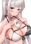  1girl bikini blue_choker blush bottle breasts choker closed_mouth collarbone commentary green_eyes grey_hair hands_on_own_chest highres hololive large_breasts long_hair looking_at_viewer milk_bottle mole mole_on_breast shirogane_noel simple_background smile solo straight_hair swimsuit taachika upper_body virtual_youtuber white_background 