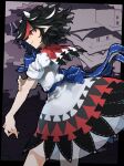  1girl black_dress black_hair blue_bow bow bowtie capelet chinese_commentary cloud commentary_request cowboy_shot dress from_side hand_on_own_arm highres horns jeffree07 kijin_seija multicolored_clothes multicolored_dress multicolored_hair pointy_ears red_capelet red_dress red_eyes red_hair see-through shining_needle_castle shirt short_hair sleeves_rolled_up smile solo streaked_hair touhou waist_bow white_dress white_hair white_shirt 