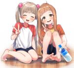  2girls :d ^_^ ^o^ bangs bare_legs barefoot blunt_bangs blush bottle closed_eyes head_tilt highres ichihara_nina idolmaster idolmaster_cinderella_girls light_brown_hair long_hair looking_at_viewer multiple_girls nanagaedemo on_floor orange_hair ponytail round_teeth simple_background sitting smile teeth twintails two-tone_shirt two-tone_shorts v very_long_hair water_bottle wooden_floor yokoyama_chika 