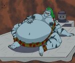  6:5 absurd_res anthro barefoot belly big_belly bloated blue_body blue_fur byakko_(yu_yu_hakusho) clothing demon extinct feet felid fur green_hair hair hand_on_belly hi_res inflation lying male mammal moobs musclegut muscular muscular_male nestle_killa nipples obese obese_male on_back open_mouth overweight overweight_male pantherine prehistoric_species saber-toothed_tiger solo tiger torn_clothing tusks yu_yu_hakusho 