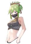  1girl absurdres bangs bare_arms bare_shoulders black_shirt breasts commentary crop_top cropped_torso genshin_impact green_hair groin highres kuki_shinobu looking_at_viewer mask midriff mouth_mask navel nayotaka ninja ninja_mask ponytail purple_eyes shirt short_hair sidelocks simple_background sleeveless sleeveless_shirt small_breasts solo stomach upper_body white_background 