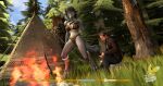  3d_(artwork) anthro black_hair black_nose blizzard_entertainment bottomwear bra breasts brown_hair campfire canid cellphone claws clothed clothing day digital_media_(artwork) digitigrade duo female fire grass grey_body hair hi_res holding_cellphone holding_object holding_phone human jacket jewelry kespr looking_at_another looking_down male mammal necklace outside panties pants phone plant shin_guards shirt sitting standing teeth tent toe_claws topwear tree underwear underwear_only video_games warcraft were werecanid worgen 