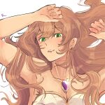  1girl breasts brown_hair cleavage collarbone eyebrows_visible_through_hair genshin_impact green_eyes hair_behind_ear hallybrr highres jewelry lisa_(genshin_impact) long_hair lying necklace on_back parted_lips portrait solo white_background 