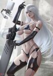  1girl android artist_name bikini black_bikini black_gloves black_legwear blue_eyes breasts elbow_gloves gloves hair_between_eyes highleg highleg_bikini holding holding_sword holding_weapon joints large_breasts long_hair looking_at_viewer navel nier_(series) nier_automata parted_lips patreon_username pod_(nier_automata) robot_joints sade_abyss swimsuit sword torn_clothes torn_legwear weapon white_hair yorha_type_a_no._2 