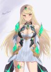  1girl absurdres armor bangs bare_shoulders blonde_hair blush breasts chest_jewel cleavage cleavage_cutout closed_mouth clothing_cutout cowboy_shot dress drop_earrings earrings elbow_gloves f-bodewig frown gloves hand_on_hip highres jewelry large_breasts long_hair looking_at_viewer mythra_(xenoblade) short_dress signature simple_background solo swept_bangs thigh_strap tiara v-shaped_eyebrows white_dress white_gloves xenoblade_chronicles_(series) xenoblade_chronicles_2 yellow_eyes 