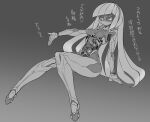  1girl android bangs blunt_bangs copyright_request diagonal_bangs grey_background greyscale invisible_chair knees_together_feet_apart long_hair looking_at_viewer mechanical_parts monochrome nipples no_mouth nude pochincoff pointy_breasts robot sitting solo translation_request very_long_hair 