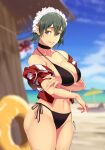  absurdres beach beach_umbrella bikini black_hair blue_sky breasts cleavage cloud day flipped_hair highres horizon huge_breasts iroha_(samurai_spirits) koda1ra looking_at_viewer maid_headdress navel ocean outdoors samurai_spirits sand side-tie_bikini sky snk swimsuit umbrella water 