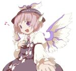  1girl animal_ears bird_ears bird_wings brown_dress brown_headwear dress earrings eighth_note fingernails frilled_sleeves frills green_nails jewelry juliet_sleeves kiriu long_fingernails long_sleeves musical_note mystia_lorelei nail_polish open_mouth pink_hair puffy_sleeves purple_eyes sharp_fingernails short_hair simple_background single_earring smile solo touhou white_background winged_hat wings 