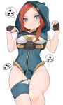  1girl apex_legends ash_(titanfall_2) ash_(titanfall_2)_(cosplay) ashleigh_reid ass_visible_through_thighs black_gloves blue_eyes blue_leotard blush breasts brown_choker choker cleavage_cutout clothing_cutout cosplay fingerless_gloves frown gloves head_tilt highres hood hood_up hooded_leotard leotard looking_at_viewer medium_breasts nagoooon_114 orange_hair solo thigh_strap white_background 