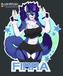  5:6 absurd_res anthro badge big_hair blue_body blue_fur blushbrush bottomwear breasts canid canine canis casual_clothing character_firra chemise clothed clothing convention_badge female fluffy fluffy_chest fluffy_ears fluffy_hair fluffy_tail footwear fur fur_pattern gesture glistening glistening_body glistening_breasts glistening_eyes glistening_skin green_eyes hair hi_res hotpants huge_thighs legwear mammal multicolored_body multicolored_fur name_tag neck_tuft purple_body purple_fur purple_hair shirt shorts smile socks solo squish star tank_top tattoo text thick_tail thick_thighs thigh_highs thigh_socks thigh_squish toned_female toned_stomach topwear tuft tufted_ears url v_sign white_body white_fur wide_hips wolf 