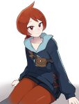  1girl arezu_(pokemon) closed_mouth collarbone commentary diamond_clan_outfit highres hood hoodie long_sleeves looking_at_viewer momikumo pantyhose pokemon pokemon_(game) pokemon_legends:_arceus red_eyes red_hair red_legwear short_hair simple_background sitting smile solo thighs 