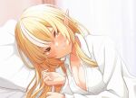  1girl blonde_hair blush breasts cleavage collared_shirt elf hololive long_hair long_sleeves lying medium_breasts multicolored_hair o29sukizero on_bed on_side open_clothes open_shirt orange_eyes parted_lips pillow pointy_ears shiranui_flare shirt smile solo streaked_hair two-tone_hair upper_body virtual_youtuber white_hair white_shirt 