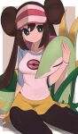  1girl arm_support black_eyes black_legwear border bow breasts bright_pupils brown_background brown_hair closed_mouth double_bun eyelashes hand_up highres legwear_under_shorts long_hair looking_at_viewer medium_breasts nuneno pantyhose pink_bow poke_ball_print pokemon pokemon_(creature) pokemon_(game) pokemon_bw2 print_shirt raglan_sleeves rosa_(pokemon) serperior shirt short_shorts shorts sitting smile twintails visor_cap white_border white_pupils yellow_shorts 