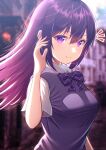  1girl arm_up bangs blurry blurry_background bow bowtie breasts building collared_shirt fingernails floating_hair gochuumon_wa_usagi_desu_ka? hair_between_eyes highres large_breasts long_hair looking_at_viewer outdoors poka_poka_neko purple_bow purple_bowtie purple_eyes purple_hair purple_vest rabbit_house_uniform shirt smile solo straight_hair tedeza_rize twitter_username upper_body very_long_hair vest white_shirt 