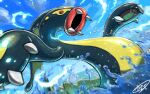  blurry claws commentary_request day eelektross kaosu_(kaosu0905) looking_at_viewer no_humans open_mouth outdoors pokemon pokemon_(creature) red_eyes signature sky solo water 