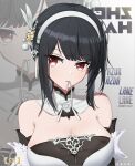  1girl azur_lane bare_shoulders black_dress black_hair breasts chen_hai_(azur_lane) cleavage detached_collar dress eyebrows_visible_through_hair hairband large_breasts long_hair mouth_hold qianyexiuyi red_eyes ribbon ribbon_in_mouth sideways_glance solo two-tone_dress upper_body white_dress white_hairband zoom_layer 
