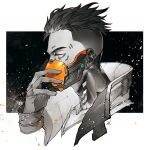  1boy apex_legends collarbone crypto_(apex_legends) from_side gloves jacket looking_ahead machine_language_crypto male_focus mask mouth_mask official_alternate_costume orange_eyes portrait sentinel_ga_koku_ni_aru solo spot_color undercut 