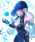  1girl adjusting_hair bangs black_gloves black_hair blue_dress blue_hair bracelet breasts cleavage diagonal_bangs dice dress elbow_gloves fur-trimmed_jacket fur_trim genshin_impact gloves green_eyes hands_up highres jacket jacket_on_shoulders jewelry large_breasts looking_at_viewer mole mole_on_breast multicolored_hair parted_lips pelvic_curtain pi_(p77777778) short_hair single_elbow_glove sleeveless sleeveless_dress smile solo tassel two-tone_hair vision_(genshin_impact) white_gloves white_jacket yelan_(genshin_impact) 