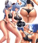  2girls ahoge ass black_buruma black_sports_bra blue_eyes blue_hair blush braid braided_ponytail breast_press breasts buruma butt_crack cleavage eyebrows_visible_through_hair ganyu_(genshin_impact) genshin_impact goat_horns hair_between_eyes hair_over_one_eye hand_on_another&#039;s_stomach hand_on_another&#039;s_thigh horns hug hug_from_behind huge_breasts light_blue_hair long_hair long_legs multiple_girls multiple_views open_mouth parted_lips patreon_username purple_eyes rikadoh shenhe_(genshin_impact) smile sports_bikini sports_bra sweat symmetrical_docking weightlifting white_background 