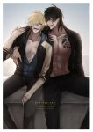  2boys absurdres arm_around_shoulder arm_tattoo arm_wrap belt black_jacket black_pants blonde_hair breast_tattoo brown_eyes character_name chishima_toru cigarette cover cover_page doujin_cover grey_background highres jacket madarame_kei male_focus mouth_hold multiple_boys nipples open_clothes open_jacket pants scar scar_on_face scar_on_stomach sitting slow_damage smoking tattoo toned toned_male towa_(slow_damage) yaoi yellow_eyes zipper 