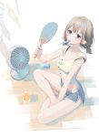  1girl absurdres bangs bare_arms bare_legs barefoot between_legs blue_eyes blue_shorts breasts brown_hair collarbone commentary_request cup drink drinking_glass electric_fan eyebrows_visible_through_hair food food_in_mouth full_body hand_between_legs hand_fan highres holding holding_fan ice ice_cube idolmaster idolmaster_shiny_colors indian_style looking_at_viewer low_twintails medium_breasts mouth_hold popsicle serizawa_asahi shirt short_shorts shorts sitting solo syhan twintails white_background wind_chime yellow_shirt 